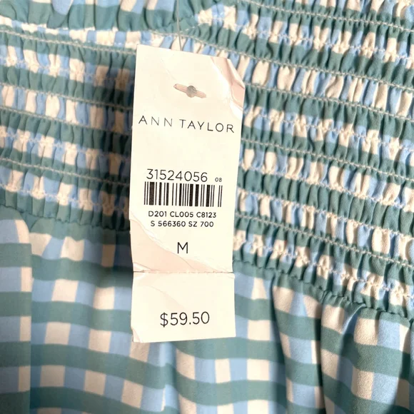 ANN TAYLOR Gingham Pullover Top MEDIUM Blue & Sage Flutter Sleeve Preppy NEW - Picture 7 of 8